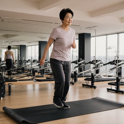 60대 한국인 여성이 편안한 운동복을 입고 필라테스 매트 위에 서서 고민하는 표정을 지으며 점프하는 자세로 균형을 잡으려는 모습의 반신 사진. 현대적인 필라테스 수업실이 배경에 여러 운동 기구를 갖추고 있어 활동적이고 매력적인 분위기를 자아냅니다.