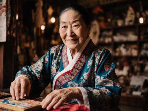 80대 동양인 여성이 전통 한복을 입고 전통 공예품을 감상하며 미소짓고 있는 모습의 반신 사진. 아늑한 작업실 배경.