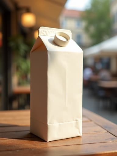 프랑스 카페 테라스 배경의 나무 테이블 위에 놓인 우유 팩, 매력적인 분위기