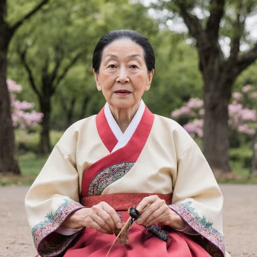 이 이미지는 전통 한복을 입고 바닥에 편안하게 앉아 있는 70대의 백인 여성의 차분한 반신 사진을 보여줍니다. 그녀는 전통 소품을 다루며 여유로운 표정을 짓고 있으며, 푸른 나무와 꽃이 있는 평화로운 공원 배경이 전체적인 조화를 이루고 있습니다.