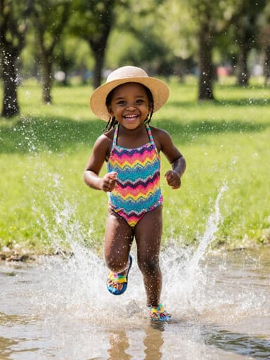 귀여운 3세 아프리카계 여성 어린이가 화려한 수영복과 멋진 모자, 밝은 색상의 플립플랍을 착용하고 있는 전신 사진입니다. 그녀는 즐거운 표정을 지으며 물속에서 달려가며 물을 튀기고 있습니다. 배경은 푸른 잔디와 나무들이 있는 공원으로, 물놀이를 위한 생기 넘치는 분위기를 만들어냅니다.