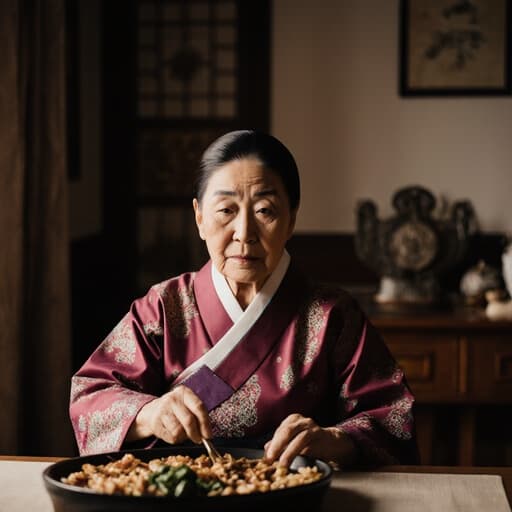 80대 한국인 여성이 전통 한복을 입고 따뜻하고 아늑한 거실에서 테이블에 앉아 전통 음식을 만들고 있는 모습의 반신 사진입니다. 그녀는 자연스러운 외모를 가지고 있으며 무관심한 표정을 짓고 있으며, 주변의 전통적인 요소들이 그녀의 문화 유산을 잘 나타내고 있습니다.