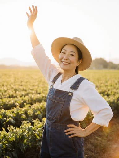 편안한 농부 복장을 한 40대 한국인 여성이 햇살이 비치는 농작물 밭에서 미소를 지으며 스트레칭하는 모습의 따뜻하고 초대하는 이미지를 담고 있습니다. 이 장면은 농촌 생활의 본질과 자연과 함께하는 기쁨을 포착합니다.