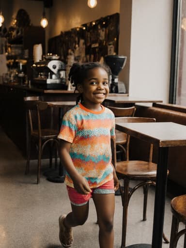 밝은 티셔츠와 편안한 반바지를 입은 귀여운 7세 아프리카계 소녀가 졸린 표정으로 아늑한 카페 테이블을 지나 걷고 있는 모습의 전신 사진. 주변은 테이블과 커피 머신이 있는 따뜻한 카페 내부로 가득 차 있습니다.