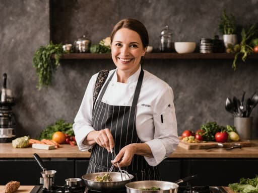 40대 유럽계 여성이 셰프 복장과 앞치마를 착용하고 따뜻한 미소를 지으며 요리를 즐기는 모습입니다. 요리 도구를 손에 들고 가방을 메고 있는 그녀는 다양한 재료들이 있는 아늑한 식당 주방에서 캐주얼하면서도 전문적인 분위기를 발산합니다.