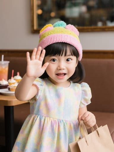 사랑스럽고 귀여운 외모의 7세 동양인 소녀가 파스텔 색상의 원피스와 화사한 모자를 쓰고 있는 반신 촬영 사진. 한 손으로 가방을 들고 다른 손으로 인사하며 눈을 크게 뜨고 배고픔을 느끼고 있는 모습이 아늑한 카페 배경과 함께 케이크와 음료가 놓인 테이블 위에서 따뜻하고 초대하는 분위기를 연출합니다.