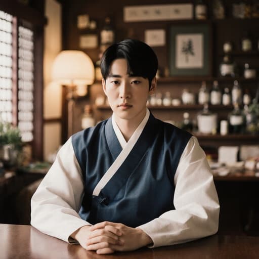 10대 후반 아시아계 남성이 전통 한복을 입고 아늑한 전통 한방 의료 환경의 테이블에 앉아 있습니다. 그의 손은 무릎 위에 놓여 있으며, 무표정으로 진지한 모습으로 차분함과 집중을 표현하고 있습니다. 주변에는 한방 약재와 나무 장식이 있는 요소들이 있습니다.