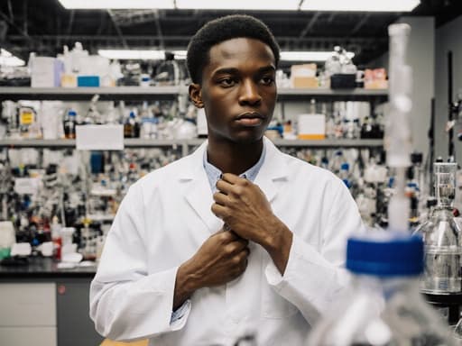 과학 박물관의 현대적인 실험실에서 실험복을 입은 10대 후반의 아프리카계 남성이 실험 도구를 조심스럽게 다루고 있습니다. 그는 진지한 표정을 지으며 도구를 준비하는 모습으로 집중력을 보여주고 있으며, 고급 기술 장비들이 과학적 주제를 강조합니다.
