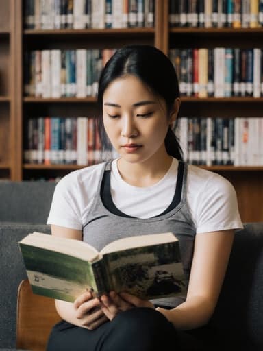 스포츠웨어를 입고 스포츠 관련 서적을 집중해서 읽고 있는 20대 아시아계 여성의 차분한 반신 샷. 스포츠 교육 자료로 가득한 도서관 환경에서 촬영되었습니다.
