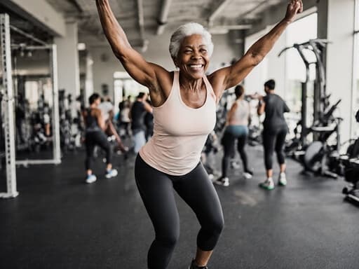 60대 흑인 여성이 편안한 운동복을 입고 운동을 준비하며 팔을 올린 채 훈련장에 서 있습니다. 배경에는 다양한 운동 기구와 다른 선수들이 있어 활기차고 긍정적인 분위기를 자아냅니다.