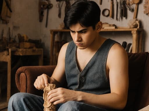 10대 초반의 라틴계 남성이 작업용 조끼와 청바지를 입고 편안한 거실의 소파에 앉아 나무 조각을 들고 집중한 표정으로 조각하고 있습니다. 배경에는 목재 가구와 도구들이 있어 그의 장인정신을 강조하는 아늑한 분위기를 자아냅니다.