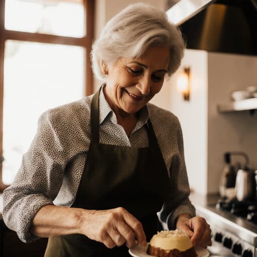 50대 라틴계 여성이 세련된 블라우스와 앞치마를 입고, 아늑한 식당 주방에서 디저트를 조심스럽게 준비하며 매력적인 미소를 짓고 있는 모습으로, 따뜻하고 초대하는 분위기를 연출합니다.