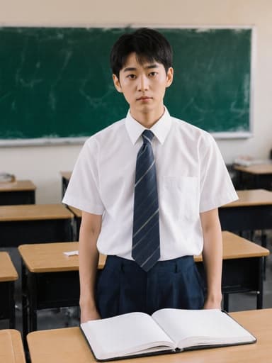 자연스러운 외모를 가진 10대 초반 아시아계 남성이 흰색 셔츠와 짙은 색 바지를 입고 교실에 서 있는 반신 샷입니다. 그는 책상 위에 열린 노트와 상호작용하며 지루한 표정을 짓고 있으며, 칠판과 책상이 있는 전형적인 학교 환경을 배경으로 하고 있습니다. 부드럽고 자연스러운 조명이 강조됩니다.