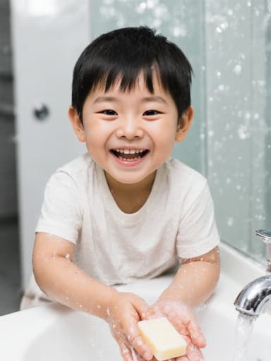 3세 동양인 남성이 자연스러운 외모로 즐거운 표정을 지으며 깨끗한 욕실의 세면대 앞에서 손을 씻고 있는 반신 촬영. 편안한 티셔츠와 반바지를 입고 비누를 한 손에 들고 손 씻기의 활동에 참여하고 있습니다. 배경은 밝고 깔끔한 욕실로, 순간의 즐거운 분위기를 더욱 강조합니다.