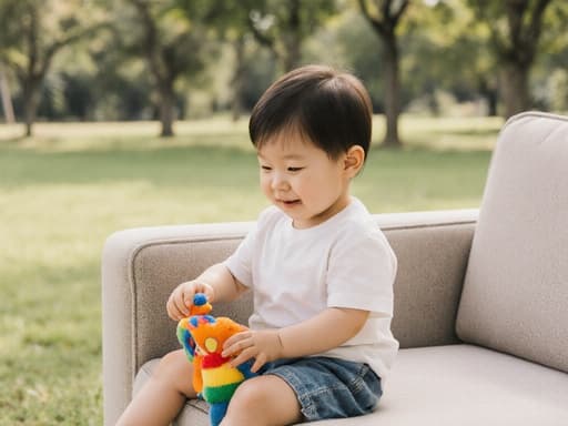 부드러운 잔디와 나무들이 있는 공원에서 편안한 소파에 앉아 장난스럽게 인형과 놀고 있는 1살 한국인 남성의 반신 사진입니다. 그는 캐주얼한 티셔츠와 반바지를 입고 있으며, 장난기 가득한 표정으로 어린 시절의 기쁨을 잘 표현하고 있습니다. 따뜻하고 초대하는 분위기 속에서 촬영되었습니다.