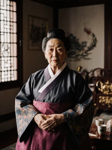 70대 한국인 여성이 전통 한복을 입고 가슴 앞에 손을 모으고 서 있는 전신 사진, 고요하고 무관심한 표정을 지으며 전통 한국 거실 인테리어와 다도 세팅이 있는 배경이 어우러져 문화 유산을 강조하는 평화로운 분위기를 자아냅니다.