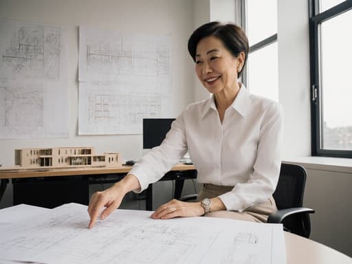 60대 동양인 여성의 반신 샷으로, 깔끔한 블라우스와 슬랙스를 입고 자신감 있는 미소를 지으며 디자인 도면을 가리키고 있습니다. 큰 창문으로 자연광이 들어오는 현대적인 건축 사무소의 배경이 전문적인 분위기를 더합니다.