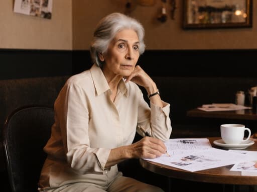 60대 중동계 여성이 편안한 블라우스와 슬랙스를 입고 카페 테이블에 앉아 디자인 자료를 바라보며 놀란 표정을 짓고 있습니다. 디자인 도구와 커피 잔이 놓인 아늑한 카페 환경이 이 장면의 따뜻한 분위기를 더해줍니다.