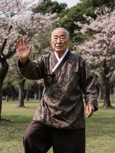 전통 한복을 입은 70세 한국 남성이 고요한 공원에서 깊은 생각에 잠긴 표정으로 우아하게 춤추고 있는 모습, 푸르른 나무와 꽃들로 가득한 배경.