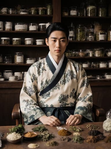 전통 한복 스타일의 의사 복장을 착용한 유럽계 남성이 한약 조제실에 앉아 다양한 한약 재료를 걱정스러운 표정으로 바라보며 깊은 생각에 잠겨 있는 모습입니다. 배경에는 깔끔하게 배열된 한약재들이 있어 전통 한약의 분위기를 자아냅니다.