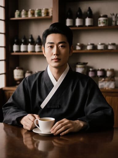20대 아시아계 남성이 세련된 한복을 입고 상담용 테이블에 앉아 차를 한 손에 들고 자신감 있는 표정을 짓고 있는 반신 사진입니다. 배경은 전통 한의원 내부로, 나무 가구와 한약재가 진열된 선반이 보입니다. 이 설정은 평화롭고 문화적으로 풍부한 분위기를 강조하며 전통과 현대 스타일의 조화를 보여줍니다.