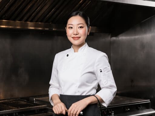 30대의 우아한 아시아계 여성의 반신 사진. 흰색 조리복과 앞치마를 착용하고 자신감 있는 미소를 지으며 요리 도구와 가방을 들고 있는 전문적인 주방에서 찍은 이미지.