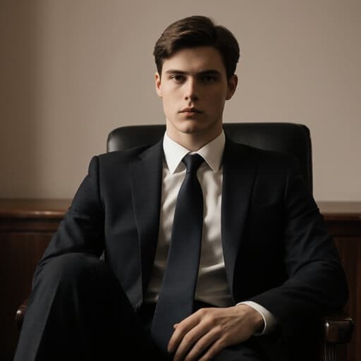 20대 유럽계 남성이 정장과 넥타이를 매고 차분한 법원 상담실에 앉아 있습니다. 그는 무릎 위에 손을 올리고 교차된 다리 자세를 취하며 진지한 표정을 짓고 있습니다. 전문적인 분위기를 잘 나타내고 있습니다.