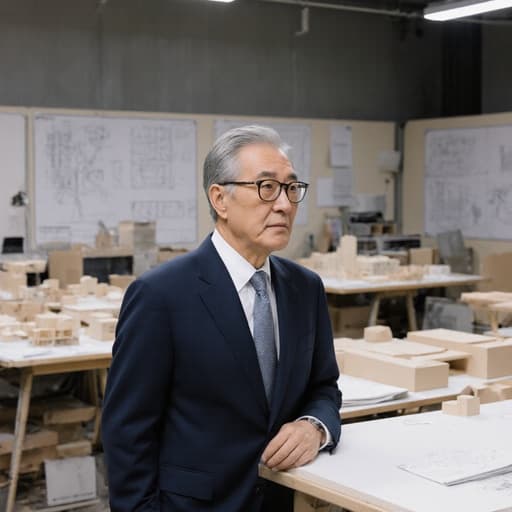 세련된 정장을 입고 안경을 쓴 60대 한국인 남성이 다양한 건축 모델과 설계도로 가득한 스튜디오의 모델링 테이블 옆에 서서 생각에 잠긴 모습입니다. 그는 자유롭고 편안한 표정을 지니고 있어 디자인의 창의성과 전문성을 잘 나타내고 있습니다.