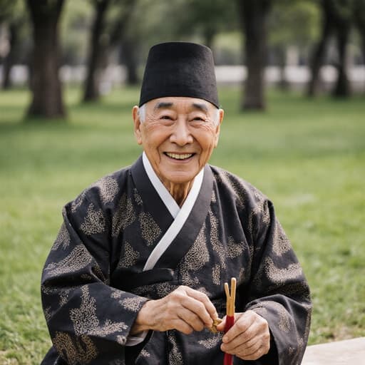 80대의 한국인 남성이 전통 한복을 입고, 푸른 잔디 위에 앉아 따뜻한 미소를 지으며 전통 놀이 도구를 들고 즐겁게 활동에 몰입해 있는 모습, 평화로운 공원과 푸른 나무들로 둘러싸인 장면을 담고 있습니다.