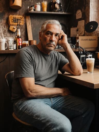 40대 혼혈 남성이 아늑한 카페에서 편안한 티셔츠와 청바지를 입고 앉아 있는 반신 사진. 그는 깊은 생각에 잠겨 고민하는 표정을 짓고 있으며, 한 손으로 머리를 감싸고 있습니다. 배경은 음료와 음악 장비가 놓인 따뜻한 카페의 모습입니다.