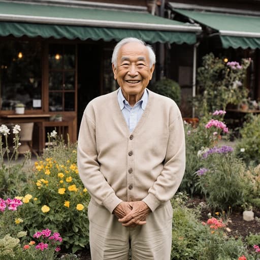 70대의 동양인 남성이 자연스러운 외모로 편안한 카디건과 면바지를 착용하고 고마워하는 표정을 지으며 아름다운 정원을 가꾸기 위해 기다리는 모습의 반신 사진입니다. 배경에는 아늑한 카페와 생기 넘치는 꽃들이 있는 정원이 있어 고요한 분위기를 연출합니다.