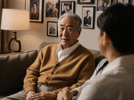 따뜻하고 평온한 이미지를 담고 있으며, 70대 한국인 남성이 편안한 셔츠와 바지에 아늑한 카디건을 걸치고 소파에 앉아 가족과의 소중한 순간을 즐기고 있는 모습이 그려져 있습니다. 거실에는 가족 사진이 걸려 있어 아늑한 분위기를 더합니다.