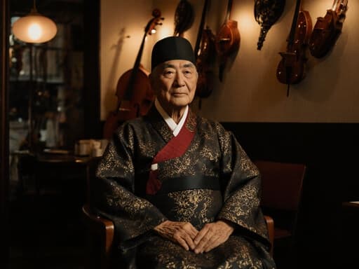 80대의 한국인 남성이 고급스러운 패턴의 전통 한복을 입고 의자에 앉아 외로운 표정을 지으며 깊은 생각에 잠긴 모습의 반신 사진. 배경은 전통 음악을 주제로 한 아늑한 카페로, 악기들이 전시되어 있고 따뜻한 조명이 분위기를 더합니다.