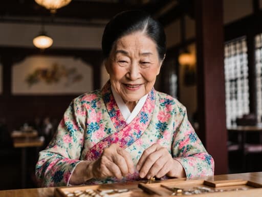 이 이미지는 밝은 색상의 전통 한복을 입고 친근하게 미소짓고 있는 80대 동양인 여성의 반신 사진을 담고 있습니다. 그녀는 테이블 위의 전통 놀이 도구와 상호작용하며 따뜻한 마음을 표현하고 있으며, 아늑한 카페의 현대적이고 전통적인 요소가 조화를 이루고 있습니다.