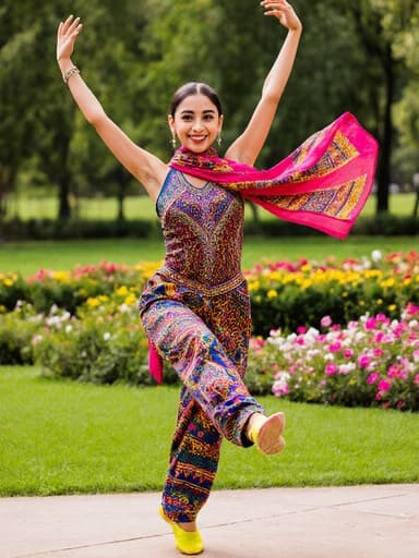 화려한 무용복을 입은 중동계의 한 어린 소녀가 꽃이 만발한 아름다운 공원에서 즐겁게 춤을 추며 행복과 우아함을 표현하고 있습니다.