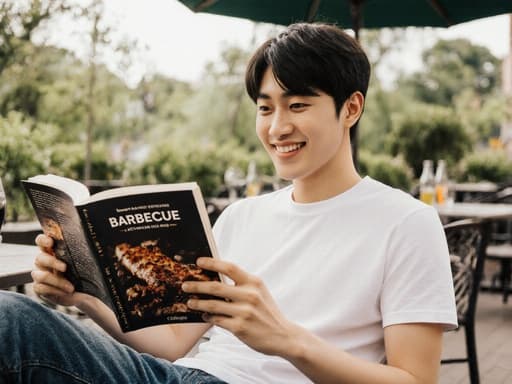 20대 동양인 남성이 편안한 티셔츠와 청바지를 입고, 아늑한 카페 테라스에서 바베큐 요리책을 읽으며 미소를 짓고 있는 모습으로, 따뜻하고 초대하는 분위기를 반영합니다.