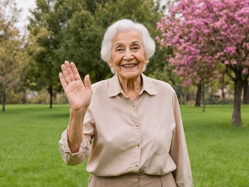 이 이미지는 80대 중동계 여성이 자연스러운 외모로 편안한 블라우스와 팬츠를 입고 있는 반신 촬영을 보여줍니다. 그녀는 따뜻한 미소를 지으며 한 손을 들어 친근하게 인사하고 있습니다. 배경은 푸른 잔디, 나무와 다채로운 꽃들이 어우러진 아름다운 공원으로, 평화롭고 초대하는 분위기를 자아냅니다.