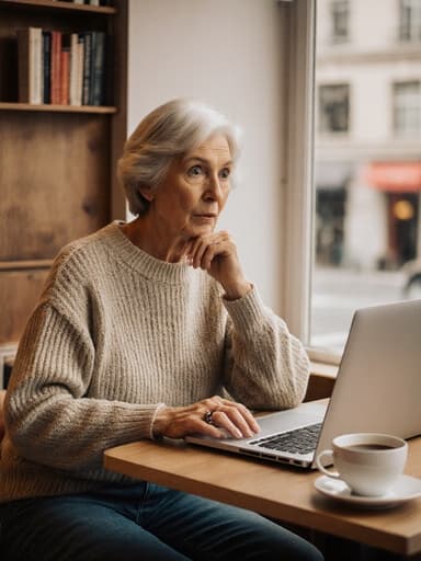 60대 유럽계 여성이 편안한 니트 스웨터와 청바지를 입고 현대적인 카페 테이블에 앉아 있습니다. 당황한 표정을 지으며 노트북을 바라보며 마우스를 클릭하고 있고, 테이블 위에는 커피와 몇 권의 책이 놓여 있어 따뜻하고 아늑한 분위기를 만들어내고 있습니다.