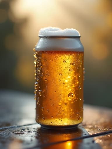 서정적인 아침 안개 속에 수분이 맺힌 맥주 캔의 클로즈업.