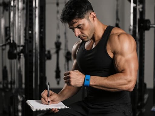 30대 라틴계 남성이 운동복을 입고 훈련 시설에서 반신 촬영된 모습입니다. 그는 노트를 들고 메모를 하며 집중한 표정을 짓고 있으며, 주변에는 다양한 운동 장비들이 배치되어 있어 그의 피트니스에 대한 헌신을 강조하고 있습니다.