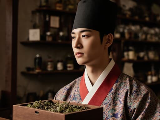 전통 한복을 입은 10대 후반의 동양인 남성이 따뜻한 한약 조제실에서 생각에 잠긴 표정으로 앞에 놓인 한약재가 가득 담긴 약상자를 바라보고 있습니다. 부드러운 조명이 어우러져 다양한 한약재와 도구들이 진열된 평화롭고 전통적인 분위기를 만들어냅니다.