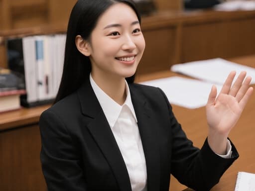 10대 후반의 동양인 여성 변호사가 긍정적인 미소로 법원을 향해 자신감 있게 인사하고 있는 모습입니다. 그녀는 블랙 재킷과 화이트 블라우스를 입고 있으며, 법원 회의 테이블 주위에는 법률 서류와 책들이 놓여 있어 전문적인 분위기를 전달합니다.