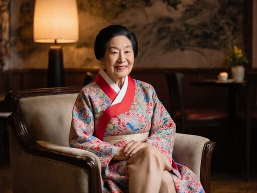 80대의 우아한 동양인 여성의 반신 사진으로, 전통 한복을 입고 있습니다. 그녀는 아늑한 소파에 앉아 다리를 살짝 모으고 손을 무릎 위에 얹어 고마운 표정을 짓고 있습니다. 배경은 부드럽고 따뜻한 조명으로 비추어진 아늑한 카페 내부로, 편안하고 초대하는 분위기를 만들어 내며 감사와 평온함을 더욱 강조합니다.
