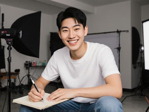 10대 초반 아시아계 남성이 편안한 티셔츠와 청바지를 입고 노트에 글을 쓰며 따뜻하게 미소 짓고 있습니다. 사진 스튜디오의 내부는 다양한 장비와 배경이 보이며, 긍정적이고 창의적인 분위기를 강조합니다.