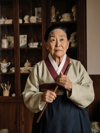 70대 한국인 여성이 전통 한복을 입고 지루한 표정을 지으며 아늑한 거실을 달리는 모습의 전신 사진. 그녀는 전통 공예 도구를 들고 있으며, 전통 공예품이 진열된 따뜻하고 초대하는 분위기의 환경 속에서 고요하면서도 집중하지 않는 존재감을 드러내고 있다.