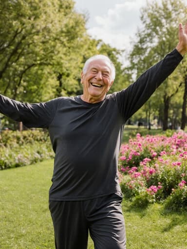 푸르른 나무와 꽃들로 가득한 공원에서 편안한 운동복을 입고 고마운 표정으로 팔을 펼치며 춤추고 있는 80대 유럽계 남성의 반신 사진, 평화롭고 행복한 분위기를 반영합니다.
