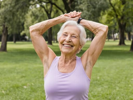 편안한 운동복을 입고 공원에서 스트레칭하는 80대 유럽계 여성의 반신 사진. 만족스러운 표정을 짓고 있으며, 푸른 잔디와 나무들로 둘러싸인 평화로운 환경에서 촬영되었습니다.