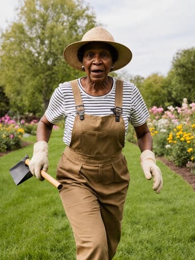 이미지는 60대 아프리카계 여성으로, 정원 설계를 위한 작업복을 입고 정원 도구를 들고 달려가며 당황한 표정을 짓고 있습니다. 배경은 푸른 잔디와 다양한 꽃들이 있는 활기찬 공원으로, 생동감 있는 분위기를 만들어냅니다.