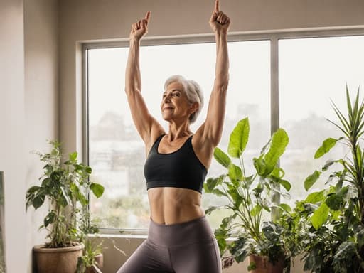 50대 중동계 여성이 편안한 운동복을 입고 열정적으로 스트레칭을 하는 반신 사진, 아늑한 스파 내부에 식물과 자연광이 가득하여 건강과 활력을 상징합니다.