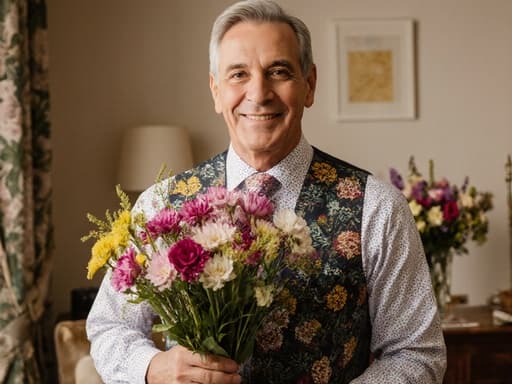 50대의 자신감 넘치는 라틴계 남성이 아름답게 꾸며진 거실에서 다양한 꽃들로 둘러싸인 테이블에서 꽃꽂이를 들고 따뜻한 미소로 인사하는 모습, 초대하는 분위기를 연출합니다.